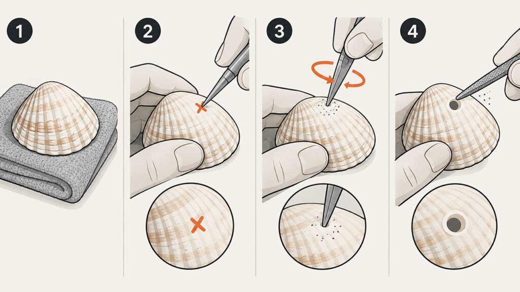 a seashell marked for drilling on a thin flat area away from the ridges