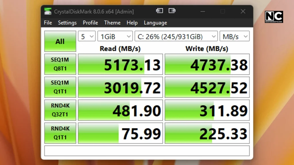CrystalDiskMark test results for Crucial P3 Plus PCIe 4.0 NVMe M.2 SSD