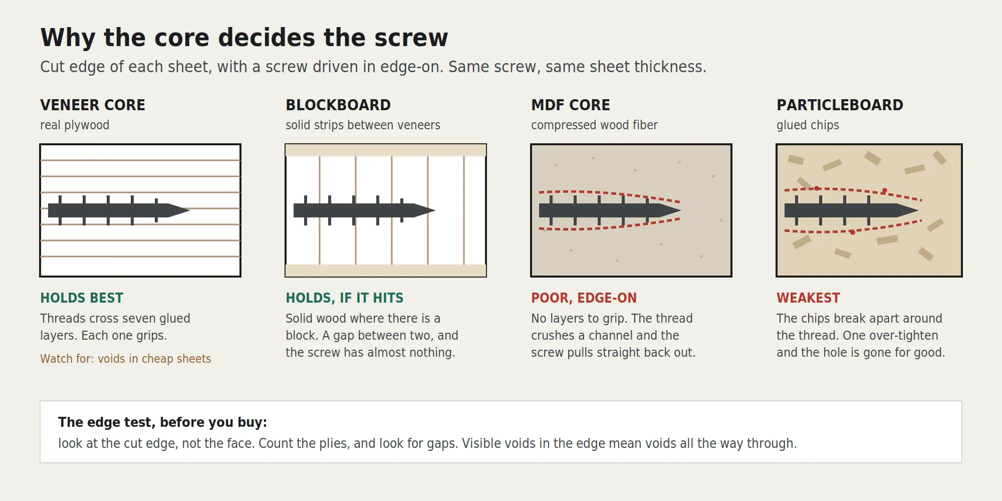 Cut-edge cross sections of veneer core, blockboard, MDF and particleboard with a screw driven in edge-on, showing which cores grip the thread