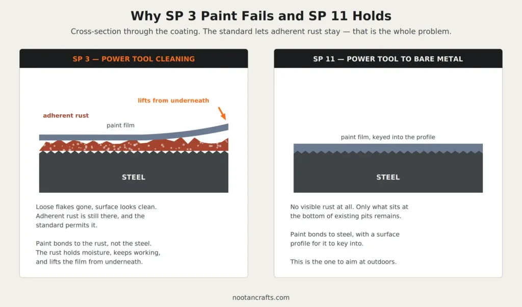 Cross-section comparison: at SP 3 paint sits on adherent rust and lifts from underneath, at SP 11 paint keys directly into the steel profile